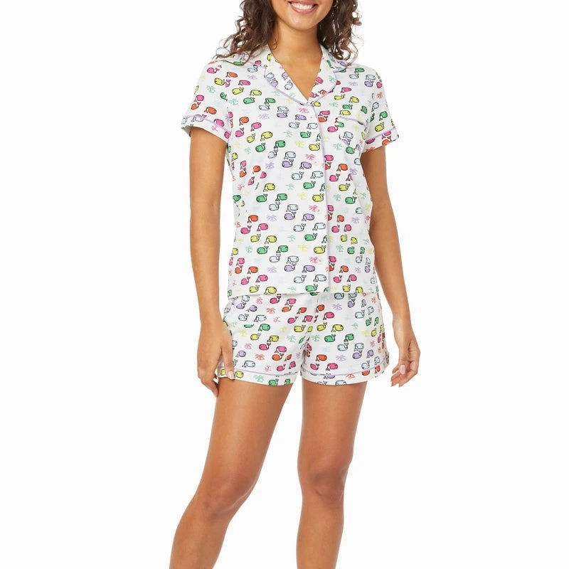 Cartoon Print Pajamas Set 2 Pieces Summer Loungewear Comfy Blouse Tops and Shorts Sleepwear Outfits