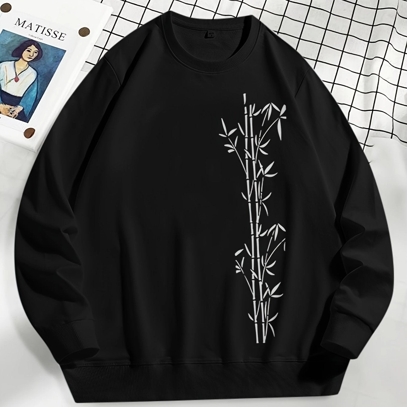 Casual Bamboo Print Crew Neck Long Sleeve Pullover Sweatshirt