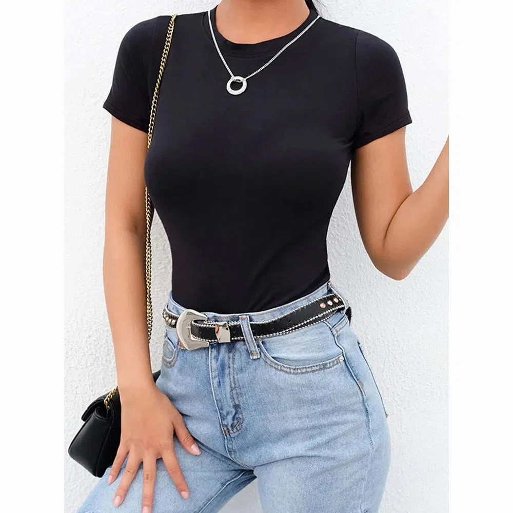 Casual Basic Black White Bodysuit Women Summer Short Sleeve