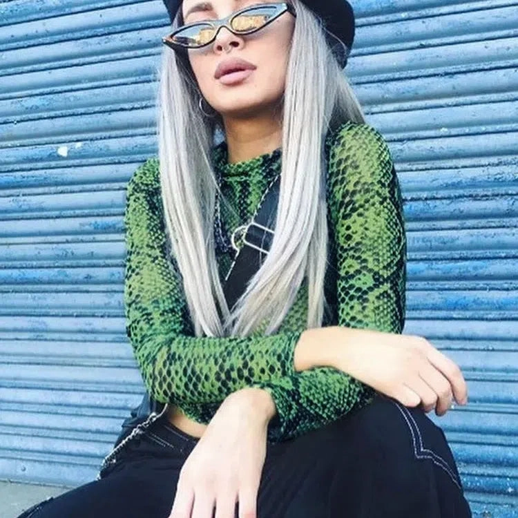 Casual Green Snake Print T Shirt Women Mesh Top Long Sleeve Transparent Snakeskin Female T-shirt High Neck Crop Tops