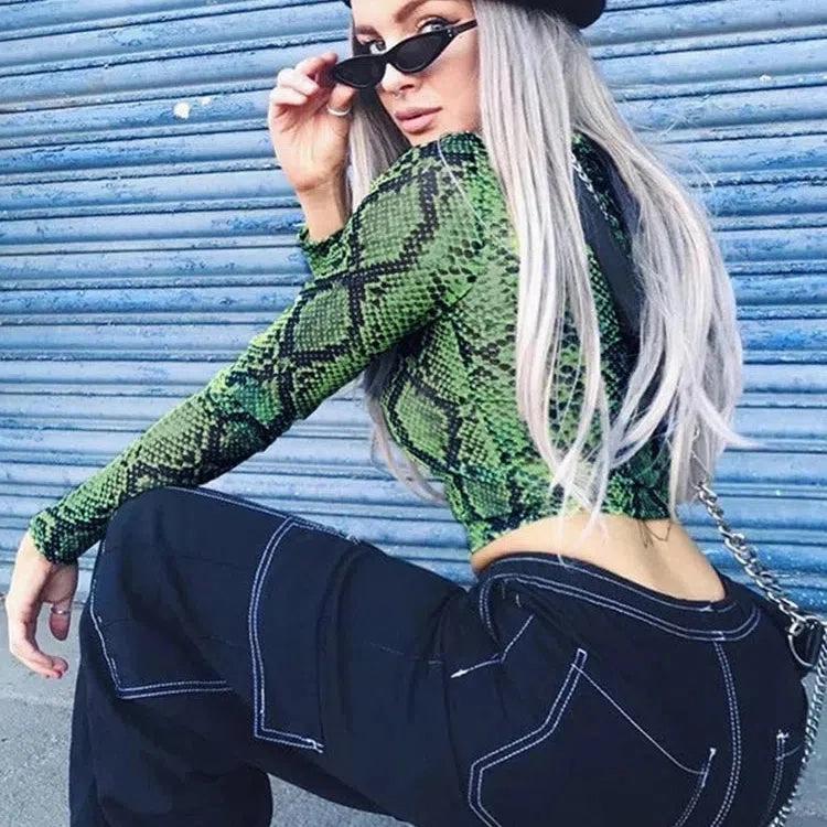 Casual Green Snake Print T Shirt Women Mesh Top Long Sleeve Transparent Snakeskin Female T-shirt High Neck Crop Tops