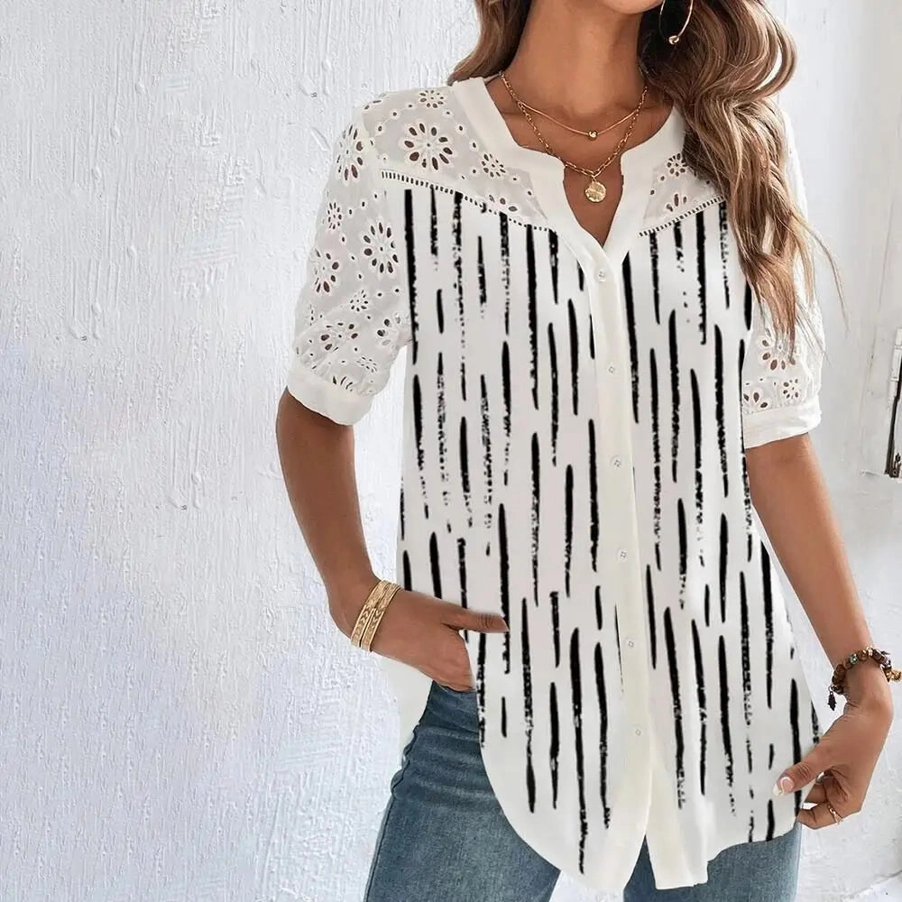 Casual Lace Woman Shirt Short Sleeve Blouse Elegant Loose Fit Top for Summer and Holiday Wear