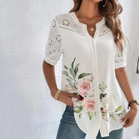 Casual Lace Woman Shirt Short Sleeve Blouse Elegant Loose Fit Top for Summer and Holiday Wear