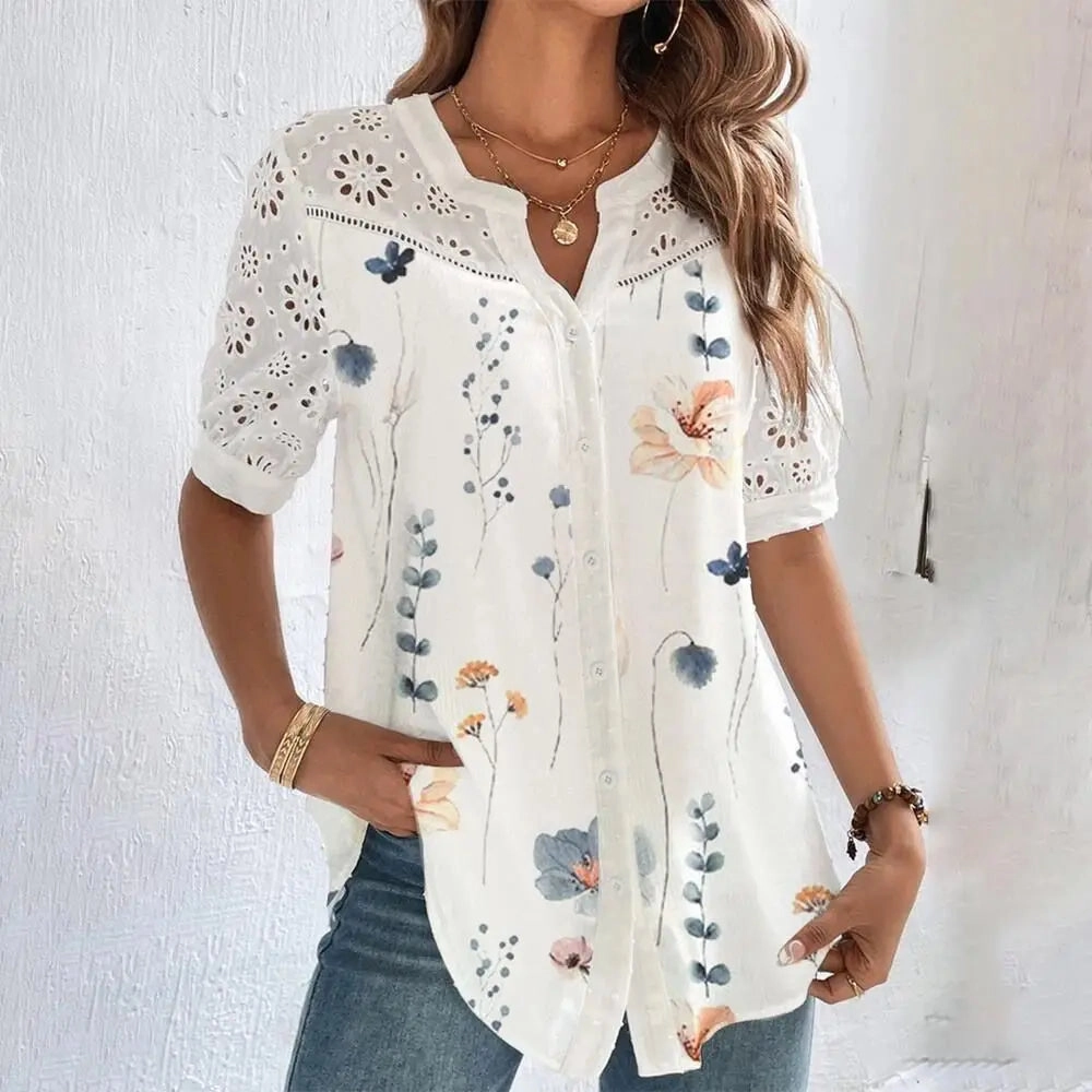 Casual Lace Woman Shirt Short Sleeve Blouse Elegant Loose Fit Top for Summer and Holiday Wear