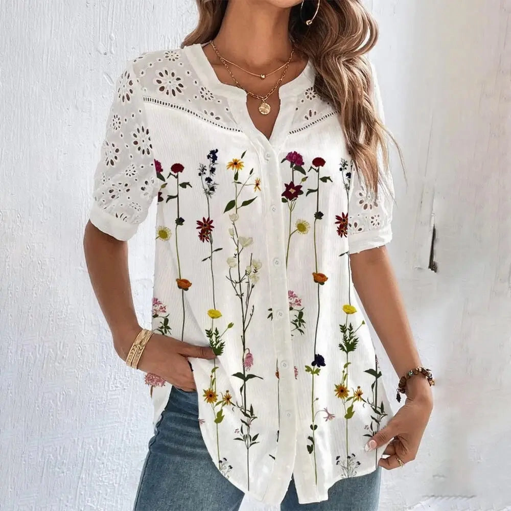 Casual Lace Woman Shirt Short Sleeve Blouse Elegant Loose Fit Top for Summer and Holiday Wear