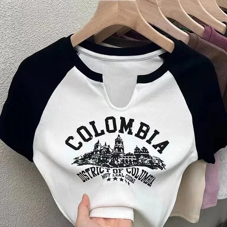 Casual O-neck Short Sleeve Letter Print T-shirt Summer Cute Female Tee Y2K Clothes Bodycon Tunics Crop Tops Fashion Tank Top