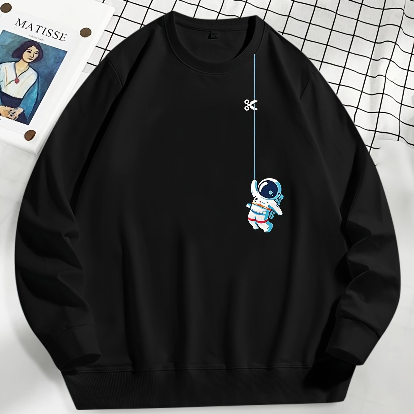 Casual Solid Color Cartoon Astronaut Print Crew Neck Long Sleeve Pullover Sweatshirt