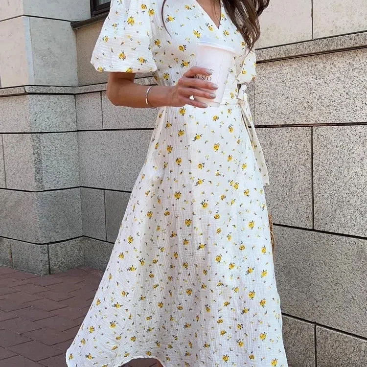 Casual Women's Summer Dresses 100% Cotton Floral Print A-line Midi Dress with Side Slits Long Elegant White Dress