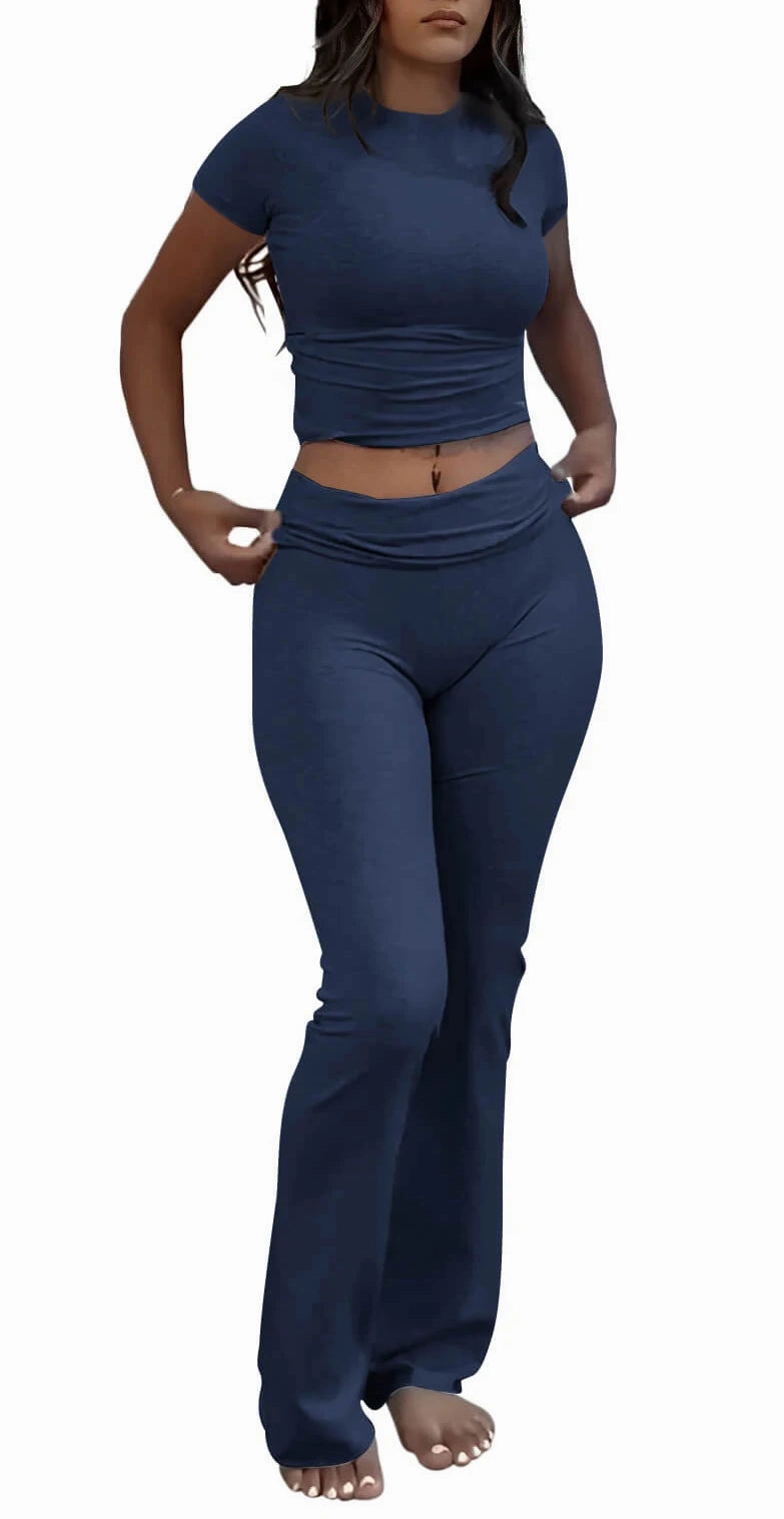 Casual Women's Two Piece Outfits Set with Crew Neck T-Shirt and Flare Pants for Streetwear and Lounge Wear
