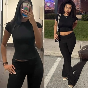 Casual Women's Two Piece Outfits Set with Crew Neck T-Shirt and Flare Pants for Streetwear and Lounge Wear