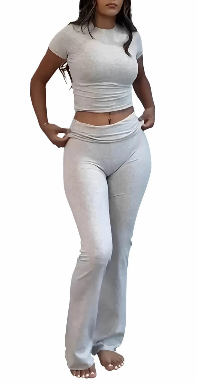 Casual Women's Two Piece Outfits Set with Crew Neck T-Shirt and Flare Pants for Streetwear and Lounge Wear