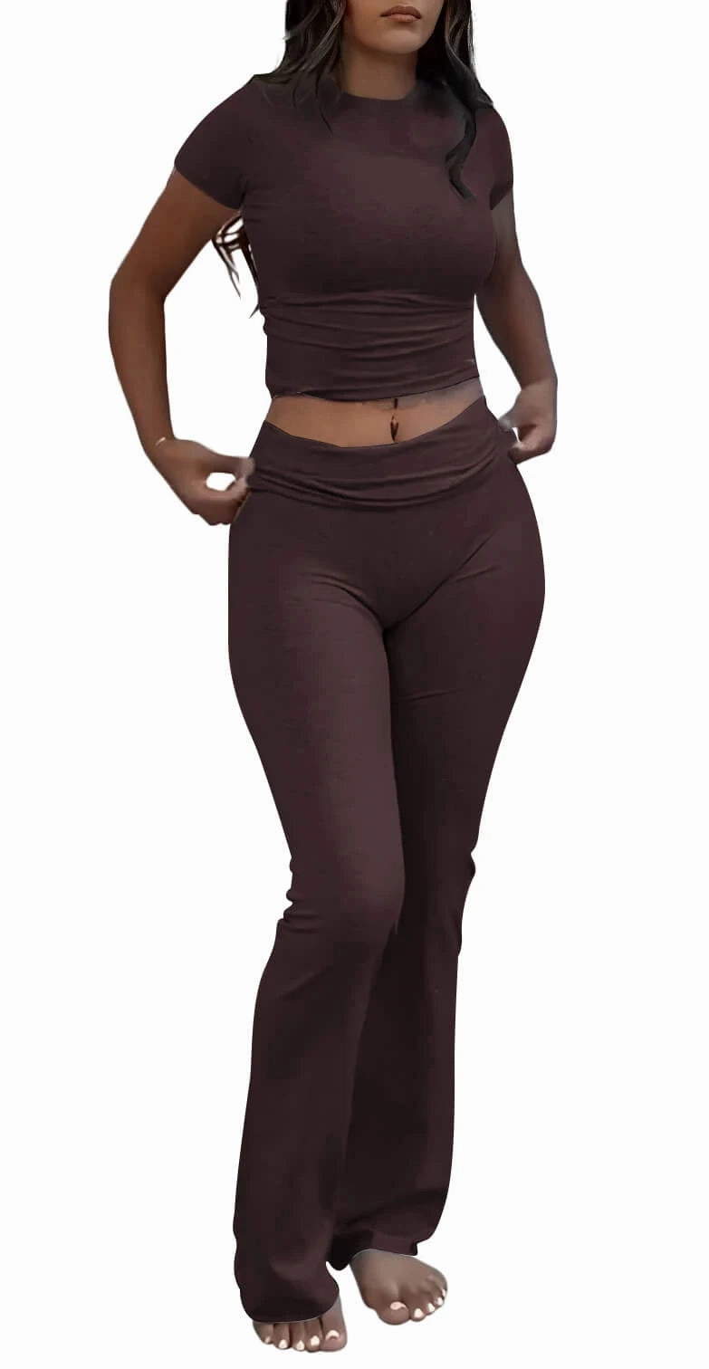 Casual Women's Two Piece Outfits Set with Crew Neck T-Shirt and Flare Pants for Streetwear and Lounge Wear