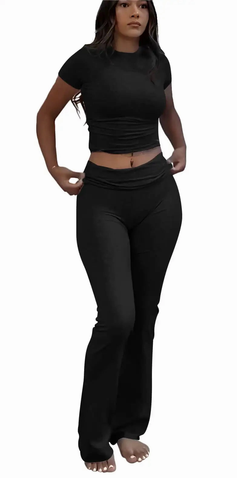 Casual Women's Two Piece Outfits Set with Crew Neck T-Shirt and Flare Pants for Streetwear and Lounge Wear