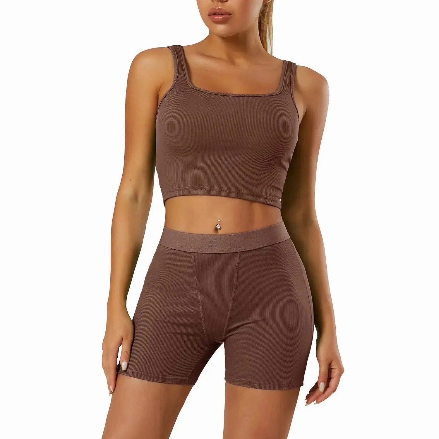 Casual Workout Two Piece Outfits for Women Fitted Crew Neck T-Shirt High Waist Pants Matching Sets Streetwear