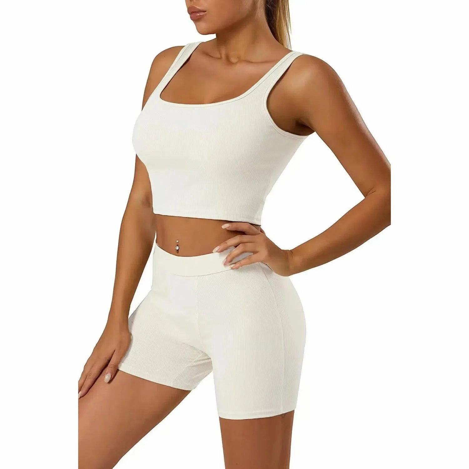 Casual Workout Two Piece Outfits for Women Fitted Crew Neck T-Shirt High Waist Pants Matching Sets Streetwear