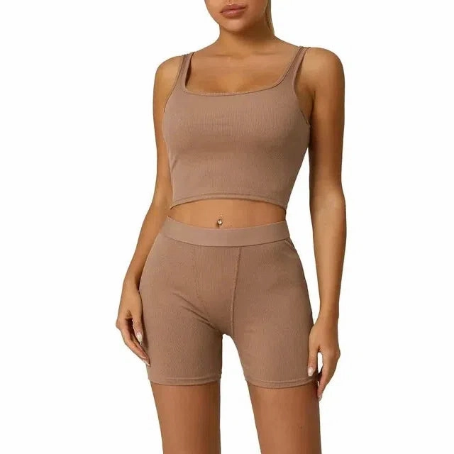 Casual Workout Two Piece Outfits for Women Fitted Crew Neck T-Shirt High Waist Pants Matching Sets Streetwear