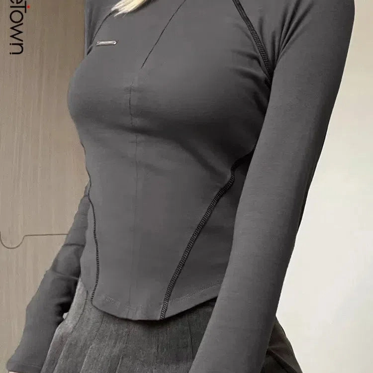 Casual Zip Up Turtleneck Crop Top Stitched Long Sleeve Skinny T-shirts y2k Aesthetic Streetwear Harajuku Women Clothing