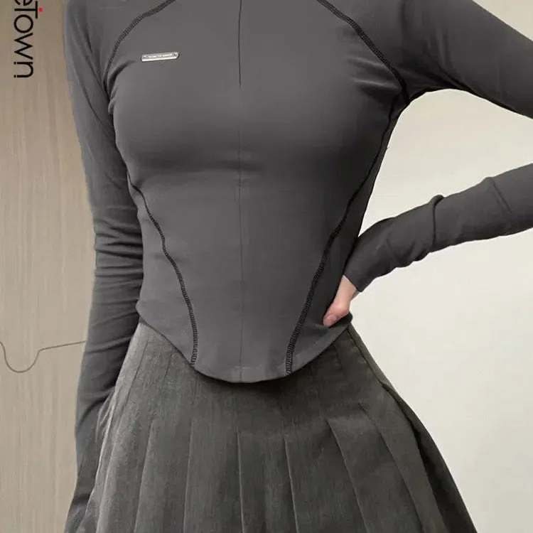Casual Zip Up Turtleneck Crop Top Stitched Long Sleeve Skinny T-shirts y2k Aesthetic Streetwear Harajuku Women Clothing