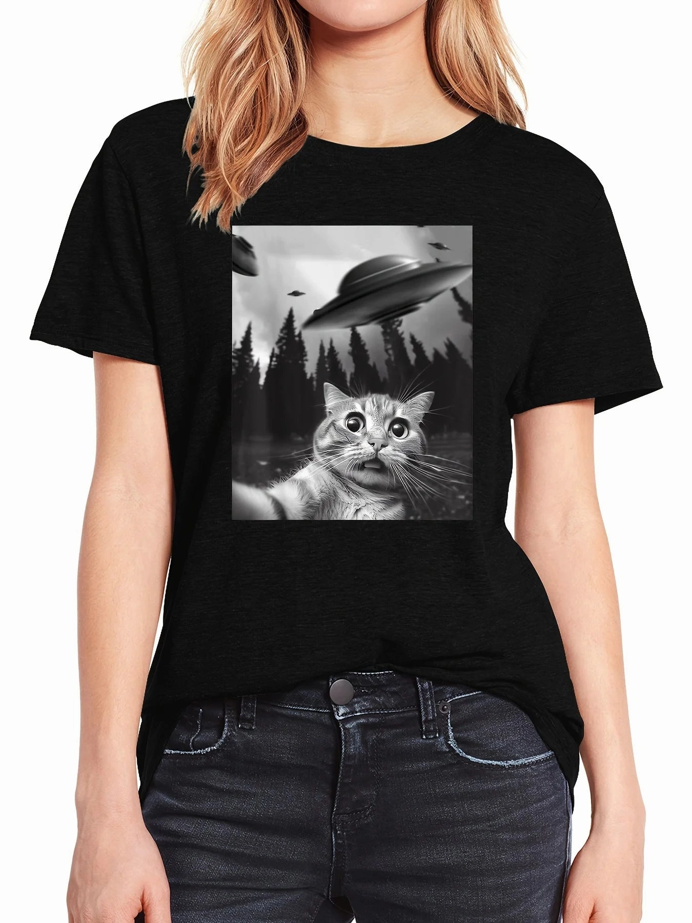 Cat & UFO Print Crew Neck T-Shirt, Casual Short Sleeve Top for Spring & Summer