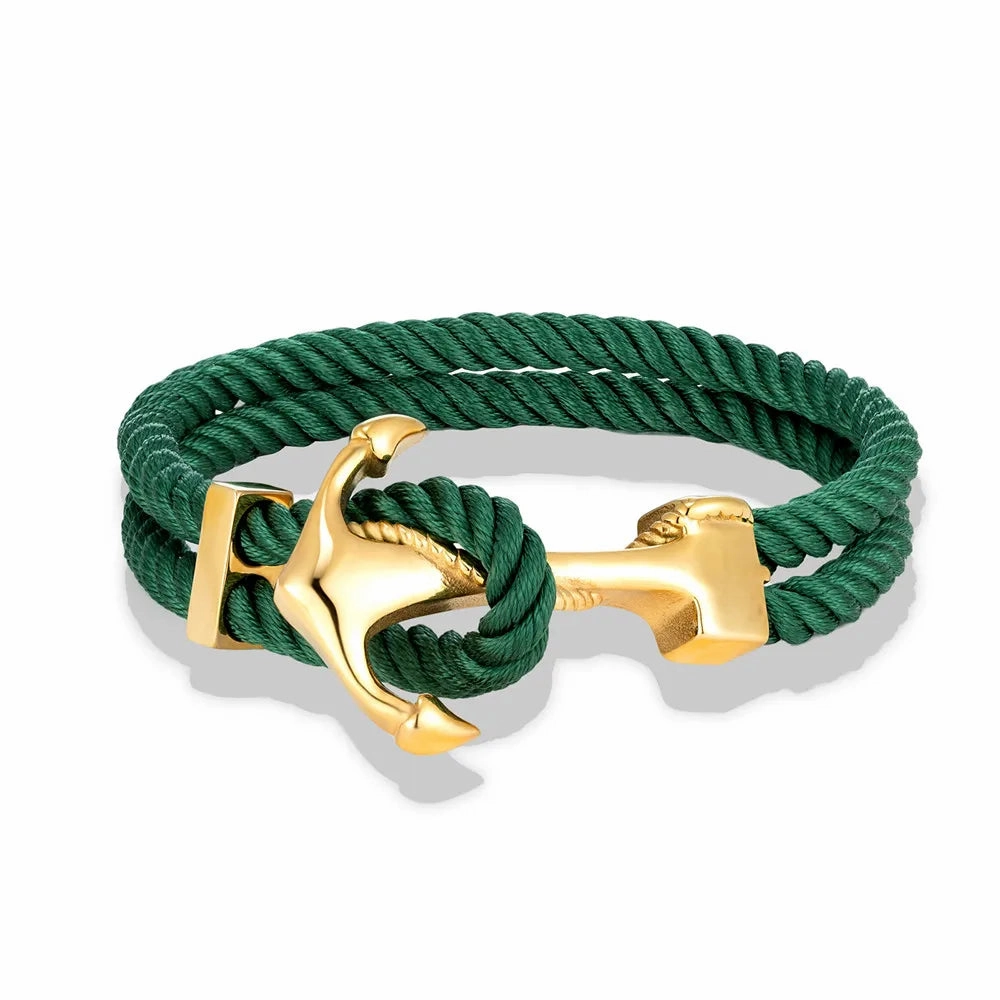 Charm Men Gold Plated Anchor Bracelets Double Strand Nautical Rope Bracelet For Women Stainless Steel Surfer Sport Accessories