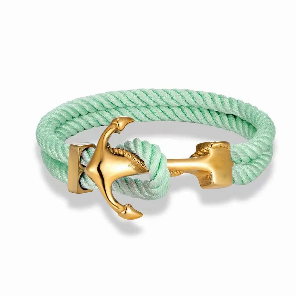 Charm Men Gold Plated Anchor Bracelets Double Strand Nautical Rope Bracelet For Women Stainless Steel Surfer Sport Accessories