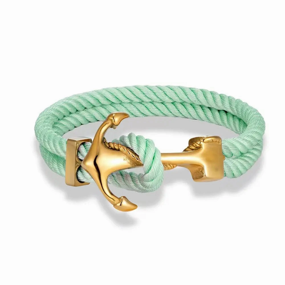 Charm Men Gold Plated Anchor Bracelets Double Strand Nautical Rope Bracelet For Women Stainless Steel Surfer Sport Accessories