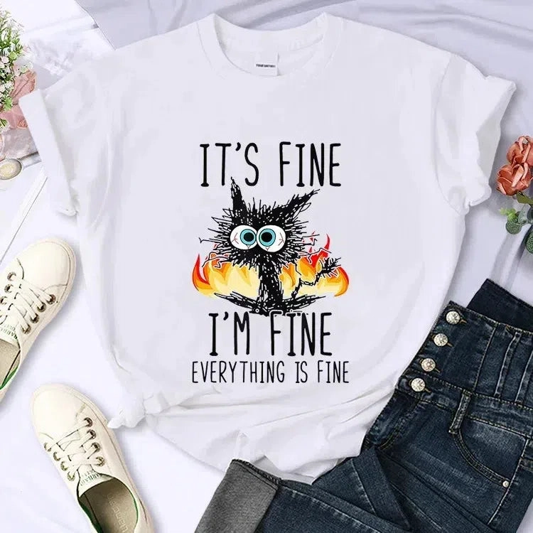 Charming Oversized Black Cat T-Shirt - "It's Fine, I'm Fine" Graphic Tee for Cat Lovers | Casual Harajuku Streetwear for Women