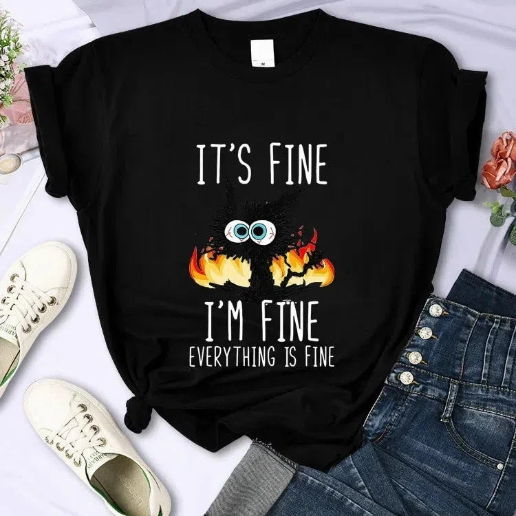 Charming Oversized Black Cat T-Shirt - "It's Fine, I'm Fine" Graphic Tee for Cat Lovers | Casual Harajuku Streetwear for Women