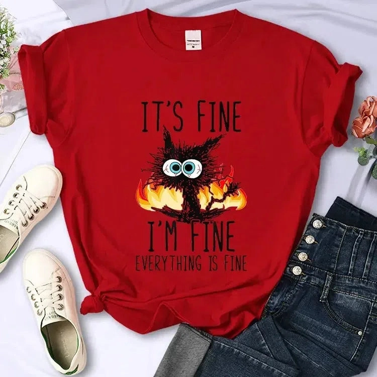 Charming Oversized Black Cat T-Shirt - "It's Fine, I'm Fine" Graphic Tee for Cat Lovers | Casual Harajuku Streetwear for Women