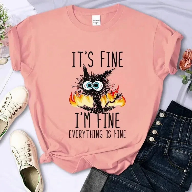 Charming Oversized Black Cat T-Shirt - "It's Fine, I'm Fine" Graphic Tee for Cat Lovers | Casual Harajuku Streetwear for Women