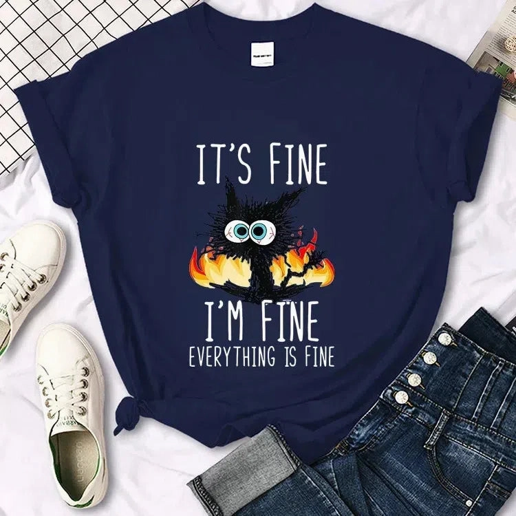 Charming Oversized Black Cat T-Shirt - "It's Fine, I'm Fine" Graphic Tee for Cat Lovers | Casual Harajuku Streetwear for Women