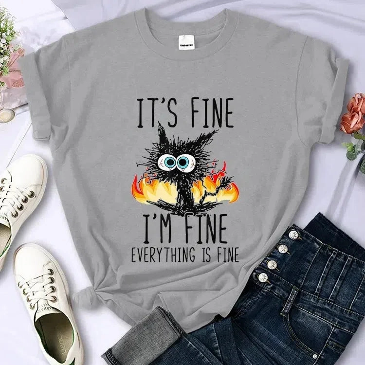 Charming Oversized Black Cat T-Shirt - "It's Fine, I'm Fine" Graphic Tee for Cat Lovers | Casual Harajuku Streetwear for Women