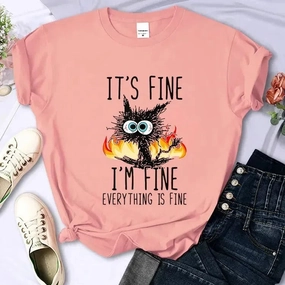 Charming Oversized Black Cat T-Shirt - "It's Fine, I'm Fine" Graphic Tee for Cat Lovers | Casual Harajuku Streetwear for Women