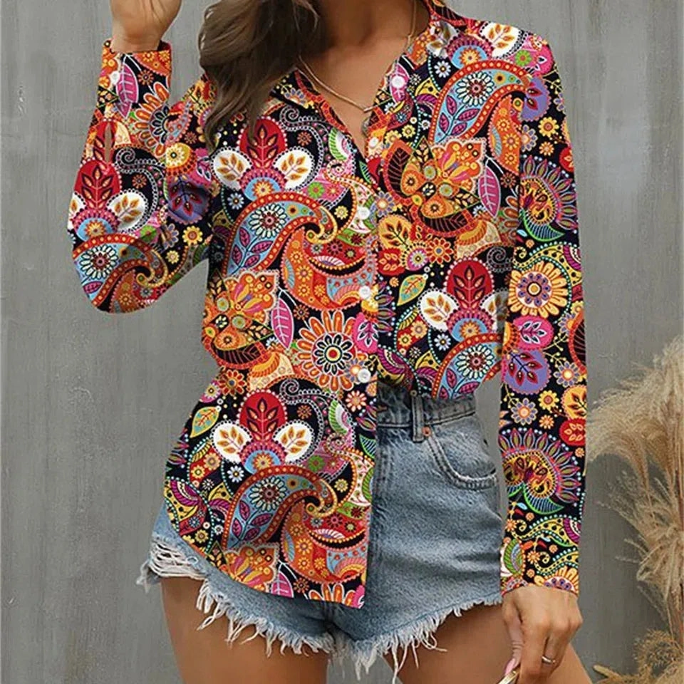 Chic Casual Long Sleeve Blouse for Women - Elegant Print Top for Holidays and Weekends