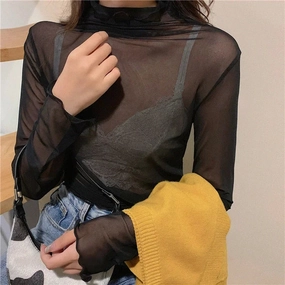 Chic High Neck Sheer Mesh Turtleneck Top for Women - Long Sleeve See-Through Tee in Black, White, Pink, and Purple