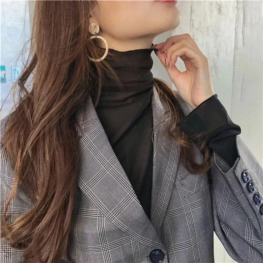 Chic High Neck Sheer Mesh Turtleneck Top for Women - Long Sleeve See-Through Tee in Black, White, Pink, and Purple