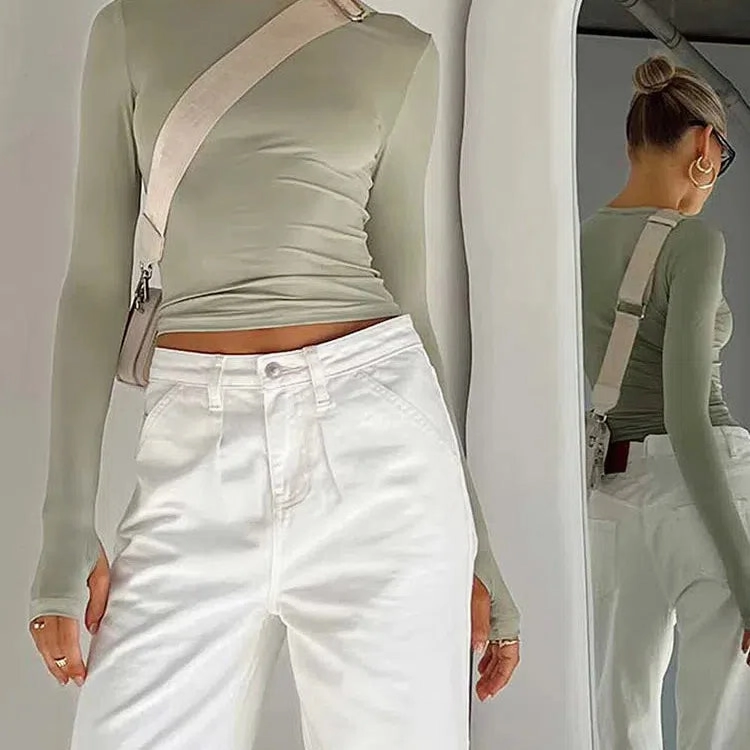 Chic Long Sleeve Women??s Crop Top with Thumb Holes - Slim Fit Casual Tee for Effortless Summer Style