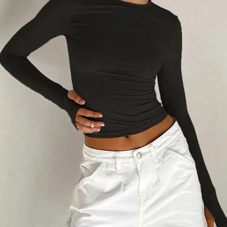 Chic Long Sleeve Women??s Crop Top with Thumb Holes - Slim Fit Casual Tee for Effortless Summer Style