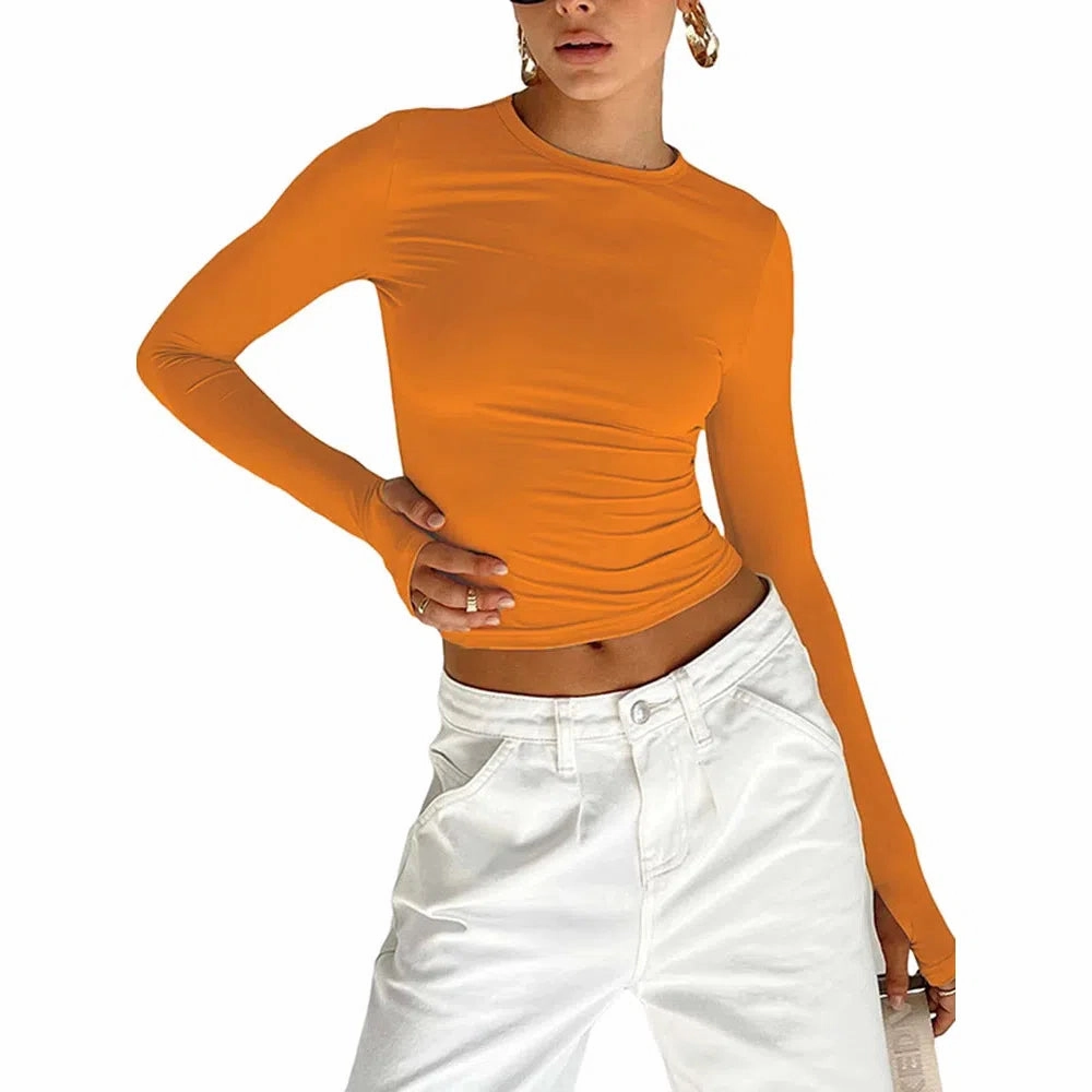 Chic Long Sleeve Women??s Crop Top with Thumb Holes - Slim Fit Casual Tee for Effortless Summer Style