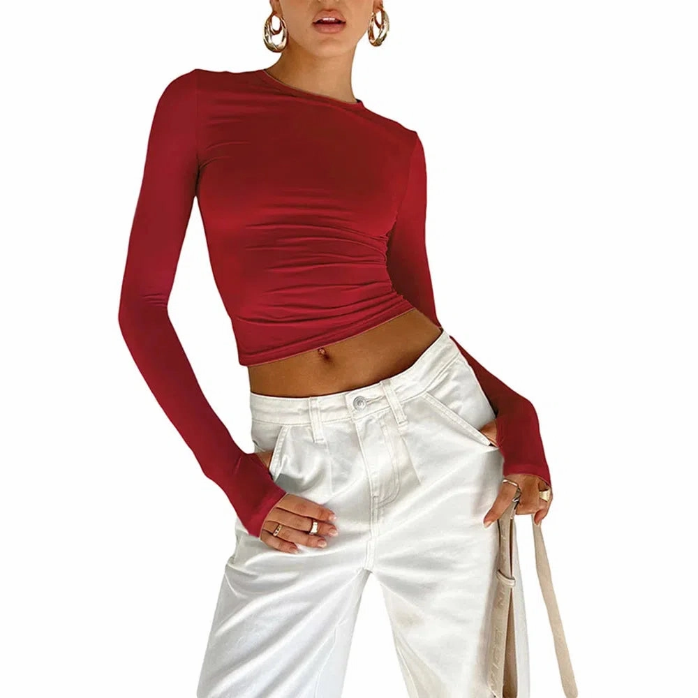 Chic Long Sleeve Women??s Crop Top with Thumb Holes - Slim Fit Casual Tee for Effortless Summer Style