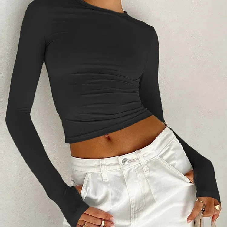 Chic Long Sleeve Women??s Crop Top with Thumb Holes - Slim Fit Casual Tee for Effortless Summer Style