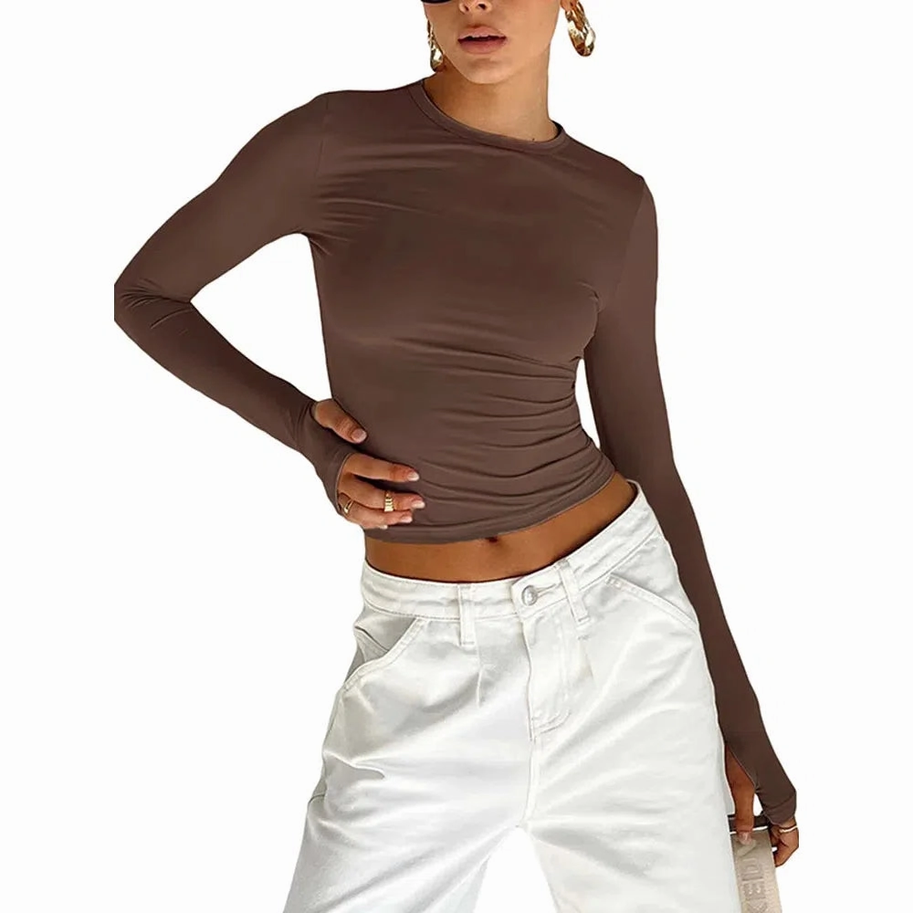 Chic Long Sleeve Women??s Crop Top with Thumb Holes - Slim Fit Casual Tee for Effortless Summer Style