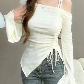Chic Off Shoulder Long Sleeve Top for Women - Elegant Flare Sleeves & Drawstring Detail - Stylish Casual Tee for Spring/Summer