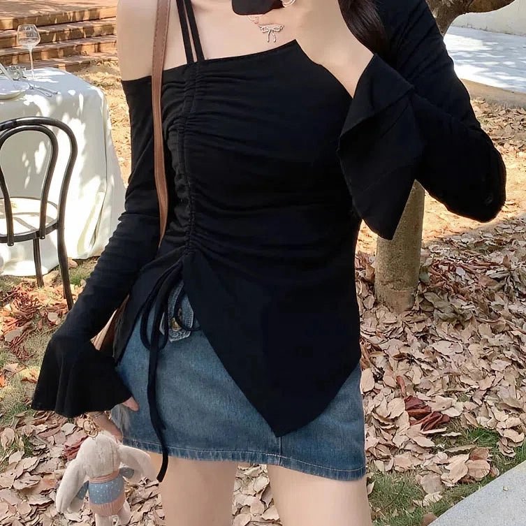 Chic Off Shoulder Long Sleeve Top for Women - Elegant Flare Sleeves & Drawstring Detail - Stylish Casual Tee for Spring/Summer