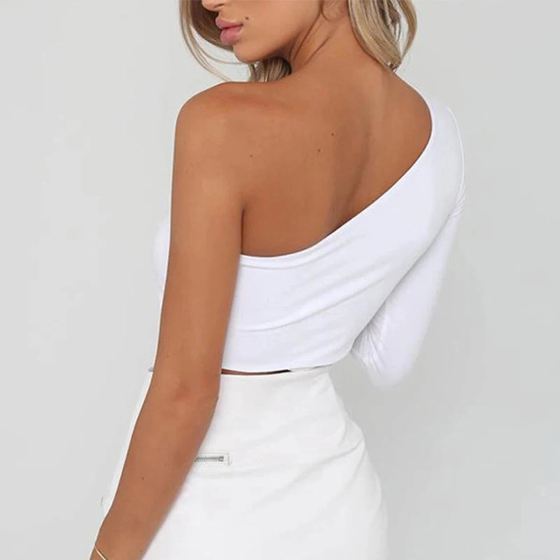 Chic One Shoulder White Crop Top for Women - Sleek Long Sleeve Bodycon Tee for Casual Summer Style