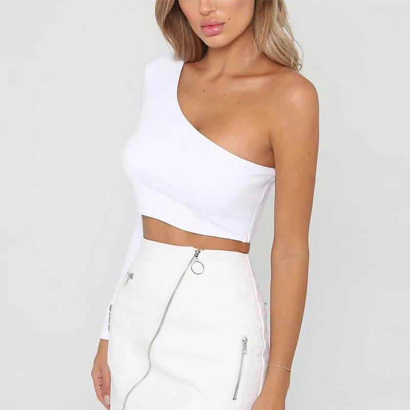 Chic One Shoulder White Crop Top for Women - Sleek Long Sleeve Bodycon Tee for Casual Summer Style