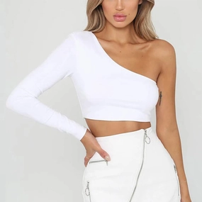 Chic One Shoulder White Crop Top for Women - Sleek Long Sleeve Bodycon Tee for Casual Summer Style