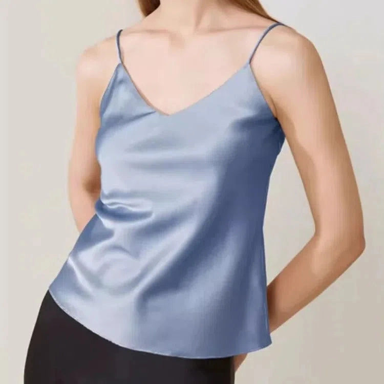 Chic Satin V-Neck Tank Top for Summer - Luxurious Sleeveless Camisole for Stylish Women