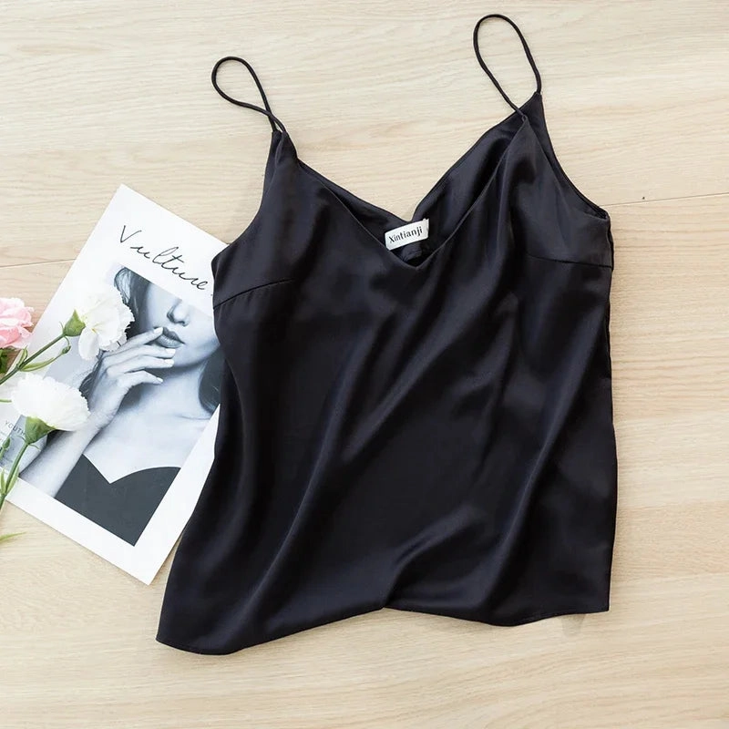 Chic Satin V-Neck Tank Top for Summer - Luxurious Sleeveless Camisole for Stylish Women