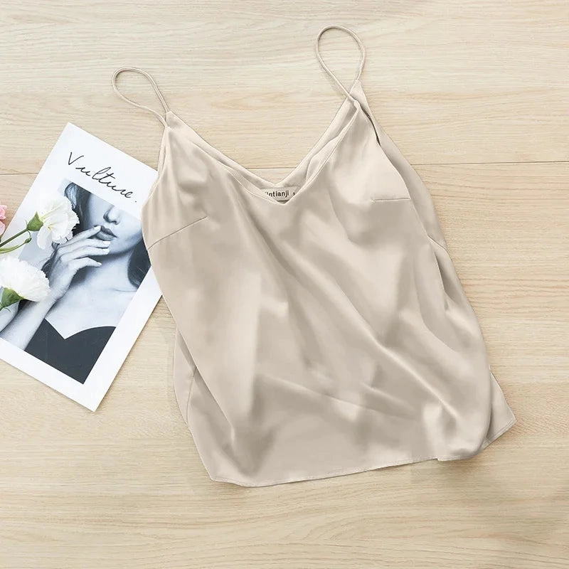 Chic Satin V-Neck Tank Top for Summer - Luxurious Sleeveless Camisole for Stylish Women